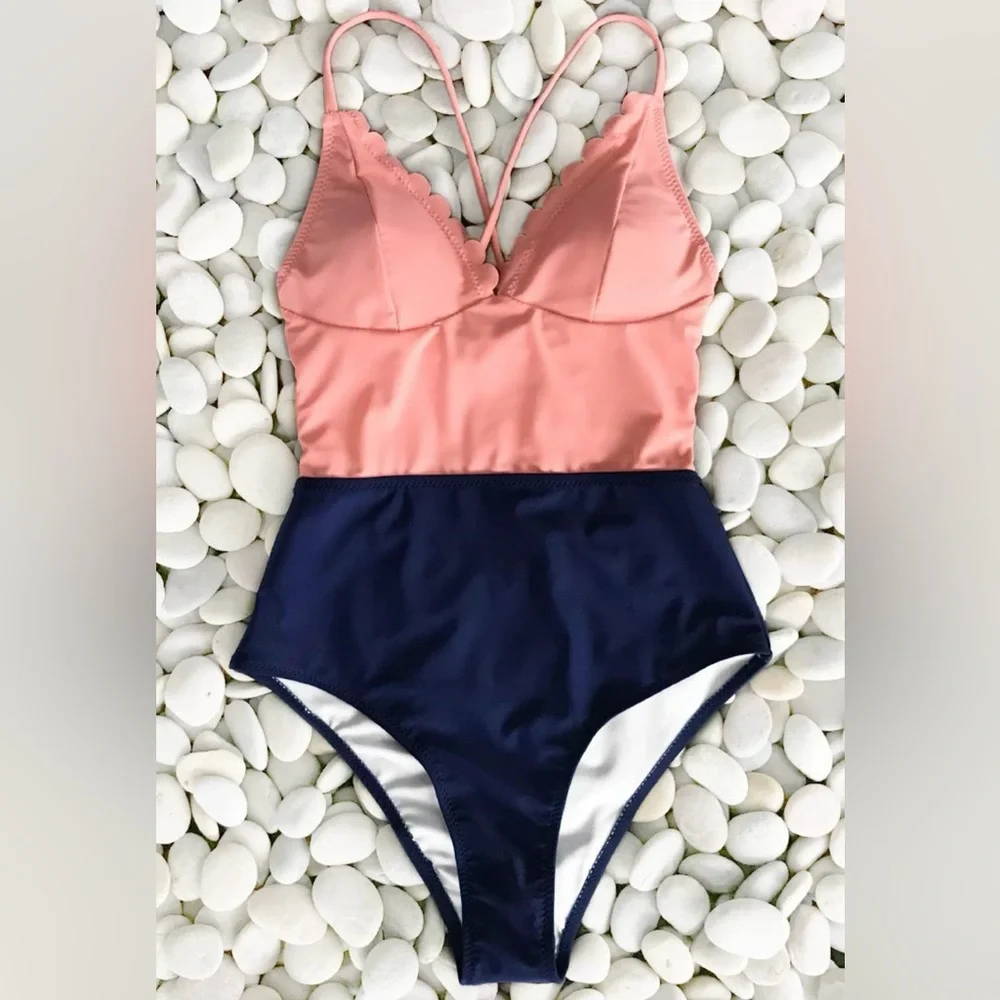 Cupshe Lucky Star Coral and Navy Blue One Piece Swimsuit Size Small - Picture 2 of 10